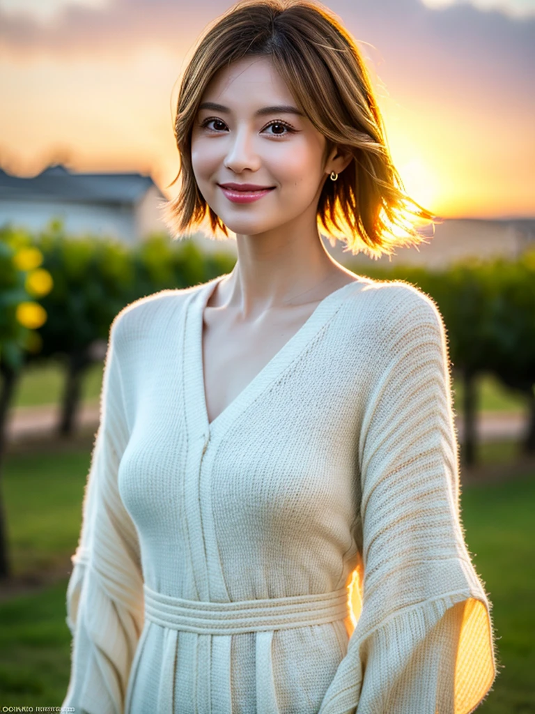 ((White Wine)),(( wine glasses)),(realistic, 超realistic:1.4), 16K high resolutionR, high resolution ,((White Wine)),(( wine glasses)),happy smile、green, Age 33,Age 32, short hair, The Greatest Smile、Brown short hair,japanese actress,super beauty( It just looks like the real thing ), long sleeve dress,has a beautiful sunset in the background,completed ,charm,Volume measurement,Body balance,dslr camera, baby , detailed background, DESCRIPTION Depth of Boundary , volumetric lighting, sharp concentration, absurd, realistic proportions, excellent , (realistic, 超realistic:1.4), 16K HDR, dawn,high resolution,super realistic 肌, Super beautiful expression ,fantasy art, character art , Wind effect :1.9、 cloud effect :1.2、Full Rendering、プロ品質のhigh resolution、In the palm of your hand、perfect lighting、perfect configuration、 perfect skin、perfect finger、shots、perfect hair、close、realistic facial features,top quality, slim figure, perfect body line, perfect hand shape ,解剖学的Body balance,Highly Detailed Faces,very sophisticated eyes get used to subtly , beautiful lips, SUPERIOR LIGHT PARTICLES , Cinema Lighting,Compensate,超high resolution,Ultra-realistic Skin,