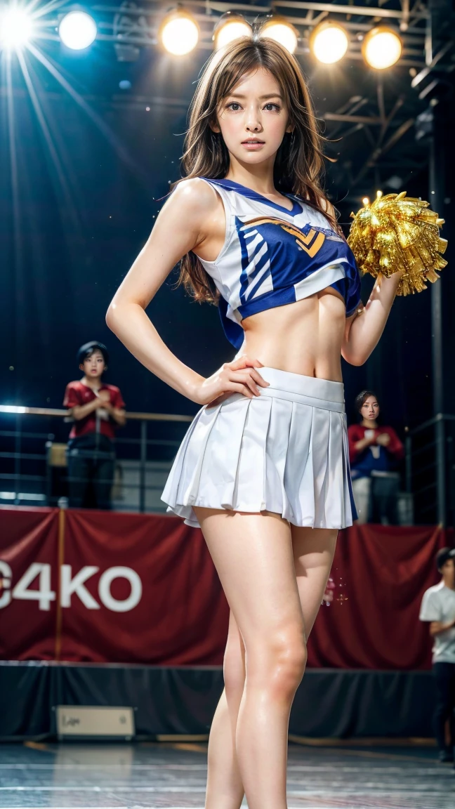 highest quality、8k、No makeup、masterpiece、Ultra-high resolution、Clear photos、Realistic、Professional Lighting、(Very cute girl)、Cheerleader、smile、(Large erect nipples)、Ultra slim、Tight waist、Slender body、Thin legs、Brown Hair、smile、Field、Under the blazing sun、(タイトなCheerleaderのユニホームを着て)、(mini skirt)、(Jump towards the camera:1.8、Jump High:1.8)、(with legs wide open,)、(I flipped up my skirt)、(She gets excited and shows off her white lace panties)、Full body photo:1.4