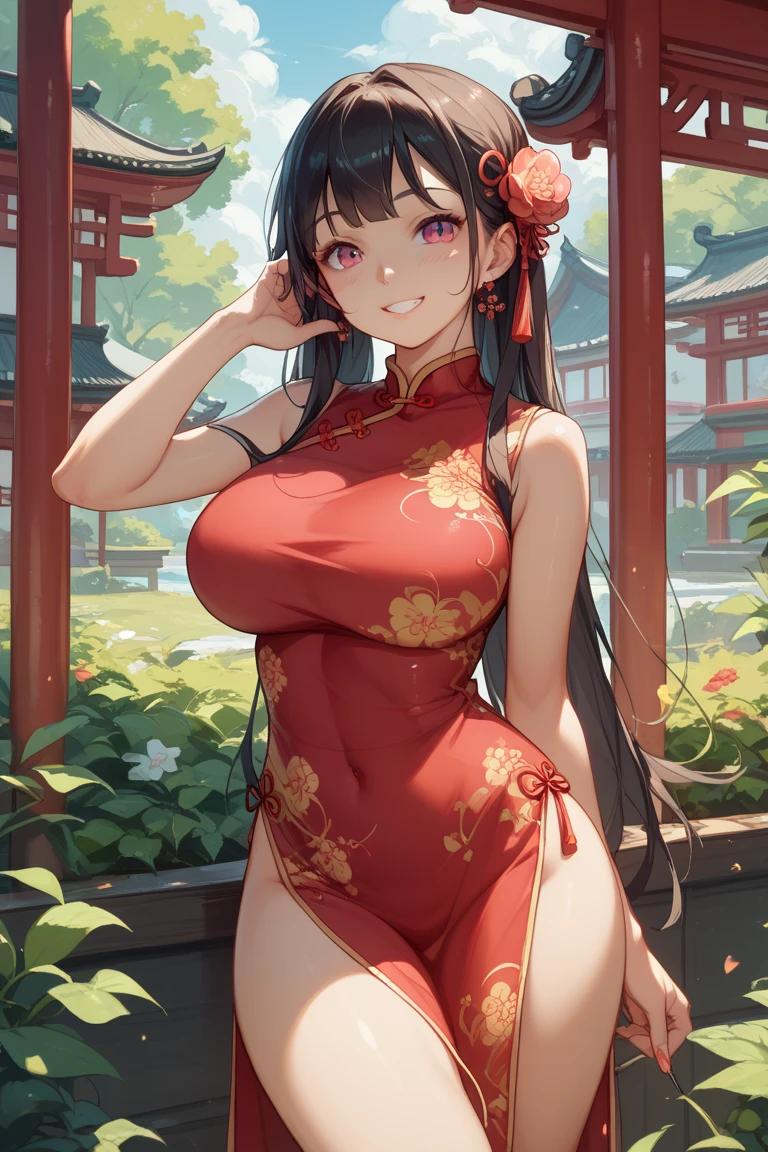masterpiece, Highest quality, High Resolution, HS1,blush,Smirking face,NSFW、Balcony、Big Breasts、China dress、Bun Hair、Squat