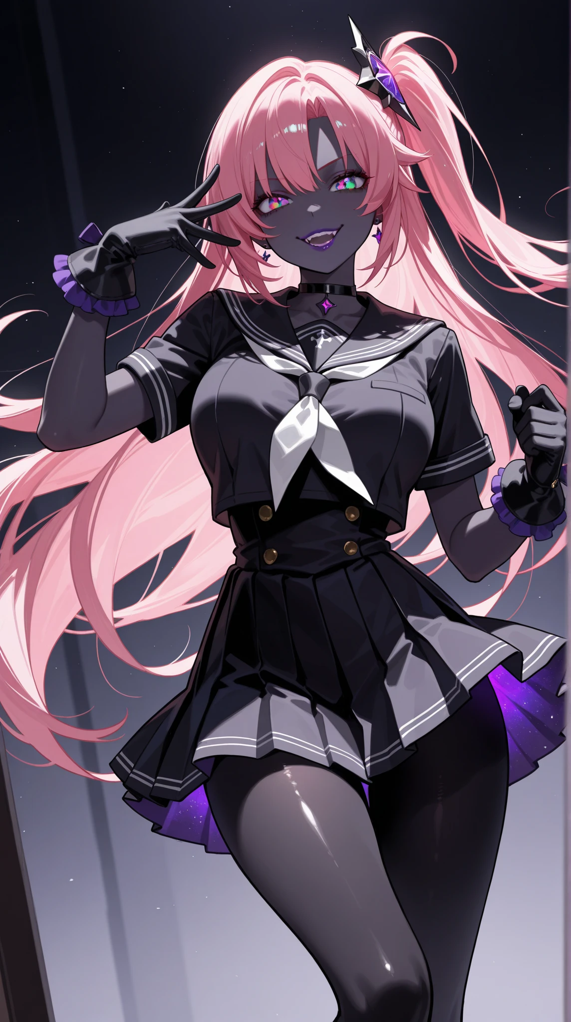 Fergolekou, Raikou, Long hair, Parted bangs, (Purple eyes:1.1), Purple hair, Break the black sailor's collar, Black Serafoku, Black shirt, Black skirt, Crop top, crop top overhang, Long skirt, navel, Cord, Sailor collar, school uniform, serafuku, shirt, Short sleeves, Skirt, Thighs, underbust, BREAK outdoors, City, BREAK looking at viewer, Break (Masterpiece:1.2), high resolution, Unity 8k wallpaper, (Beautiful detailed eyes:1.6), Extremely detailed face, Perfect lighting, Extremely detailed CG, (Perfect hands, Perfect anatomy), red hair, star hair ornament, star hair ornament, (illustration:0.8), Best quality
