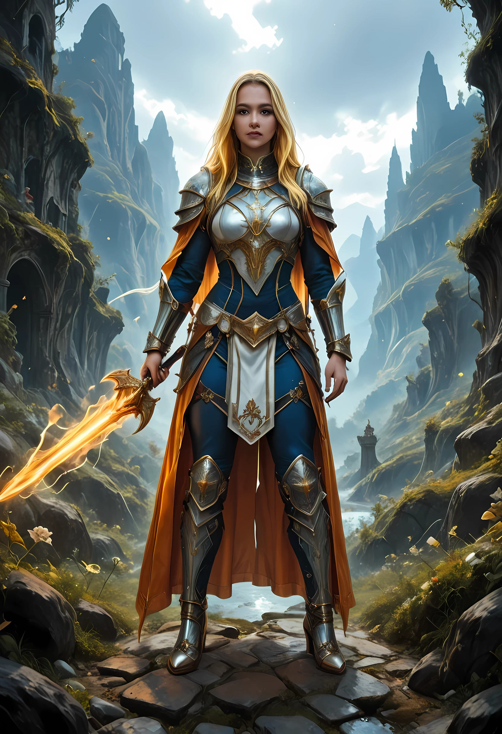 portrait of a female cleric ((dark blue skin: 1.5)), intense details facial details, exquisite beauty, cleric, (dark blue skin: 1.5)) female, ((yellow hair: 1.5)), long hair, (((no ears: 1.5))), (green eyes: 1.3), armed with a fiery sword red fire, wearing (twilight priestly combat vestments: 1.5), wearing white armor, wearing high heeled laced boots, wearing white armor, wearing an (orange cloak:1.3), wearing glowing holy symbol, fantasy art, dnd art, RPG art, wide shot, (masterpiece: 1.4) intense details, highly detailed, photorealistic, best quality, highres, within fantasy temple background, reflection light, high details, best quality, 16k, [ultra detailed], masterpiece, best quality, (extremely detailed), close up, ultra wide shot, photorealistic, RAW, fantasy art, dnd art, fantasy art, realistic art,((best quality)), ((masterpiece)), (detailed), perfect face, strapless, lace up stilettos, fantasy, Cinematic Shot, dvr-hgh-fnt, d4f4b