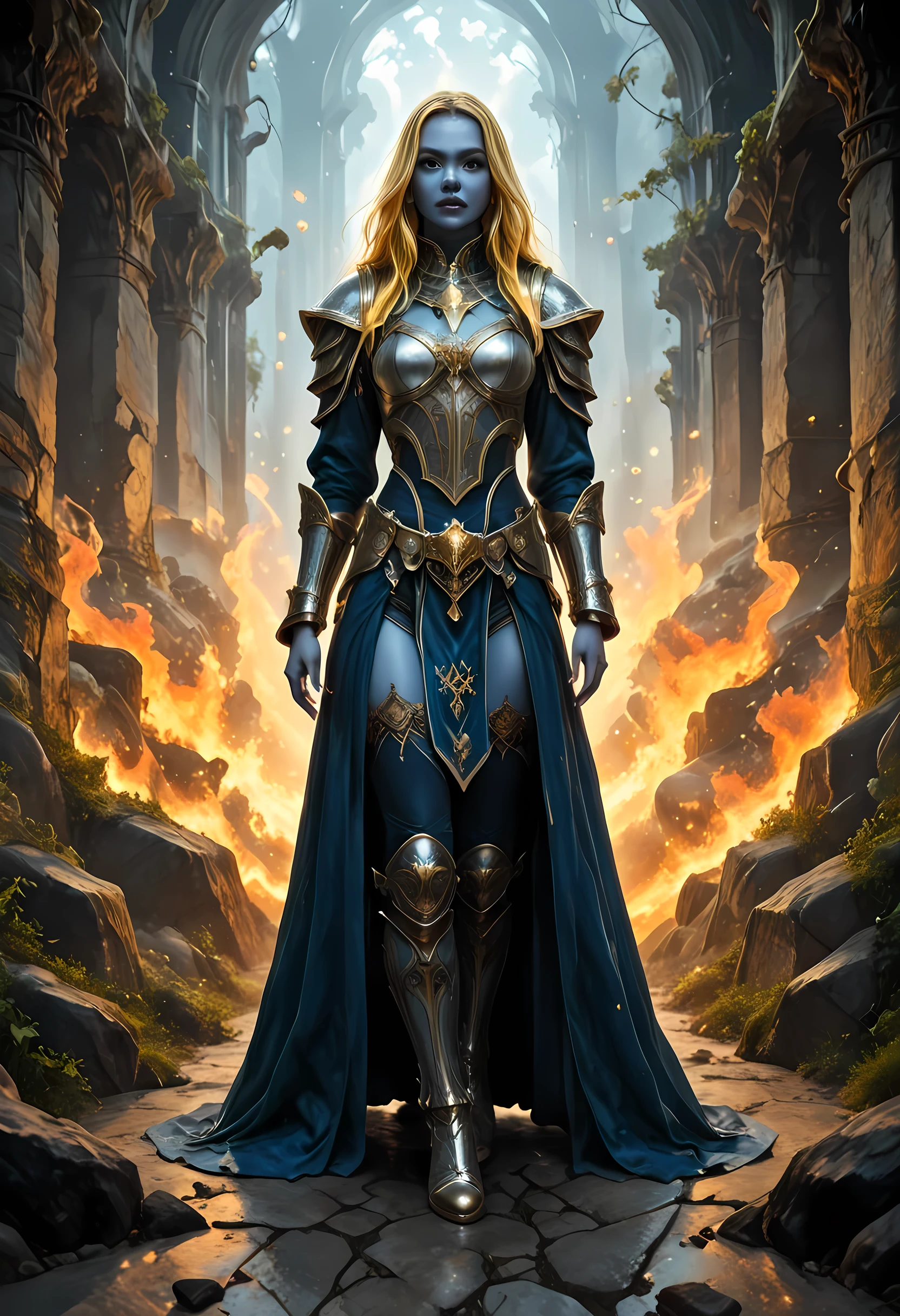 portrait of a female cleric ((dark blue skin: 1.5)), intense details facial details, exquisite beauty, cleric, (dark blue skin: 1.5)) female, ((yellow hair: 1.5)), long hair, (((no ears: 1.5))), (green eyes: 1.3), armed with a fiery sword red fire, wearing (twilight priestly combat vestments: 1.5), wearing white armor, wearing high heeled laced boots, wearing white armor, wearing an (orange cloak:1.3), wearing glowing holy symbol, fantasy art, dnd art, RPG art, wide shot, (masterpiece: 1.4) intense details, highly detailed, photorealistic, best quality, highres, within fantasy temple background, reflection light, high details, best quality, 16k, [ultra detailed], masterpiece, best quality, (extremely detailed), close up, ultra wide shot, photorealistic, RAW, fantasy art, dnd art, fantasy art, realistic art,((best quality)), ((masterpiece)), (detailed), perfect face, strapless, lace up stilettos, fantasy, Cinematic Shot, dvr-hgh-fnt, d4f4b
