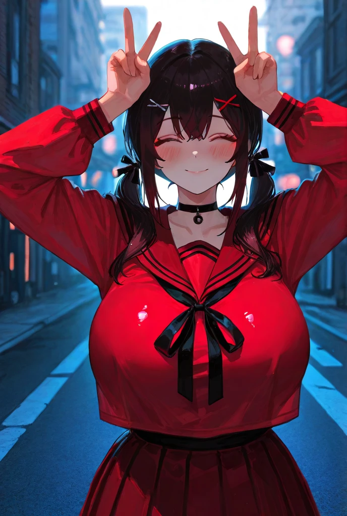 Bewitching anime busty woman in suit and tight skirt、Black tights,Inviting look、Show off your chest、Shirt and brown hair,Ecchi anime style,Kamimei,Red Light District at Night,neons、Bokeh in the background