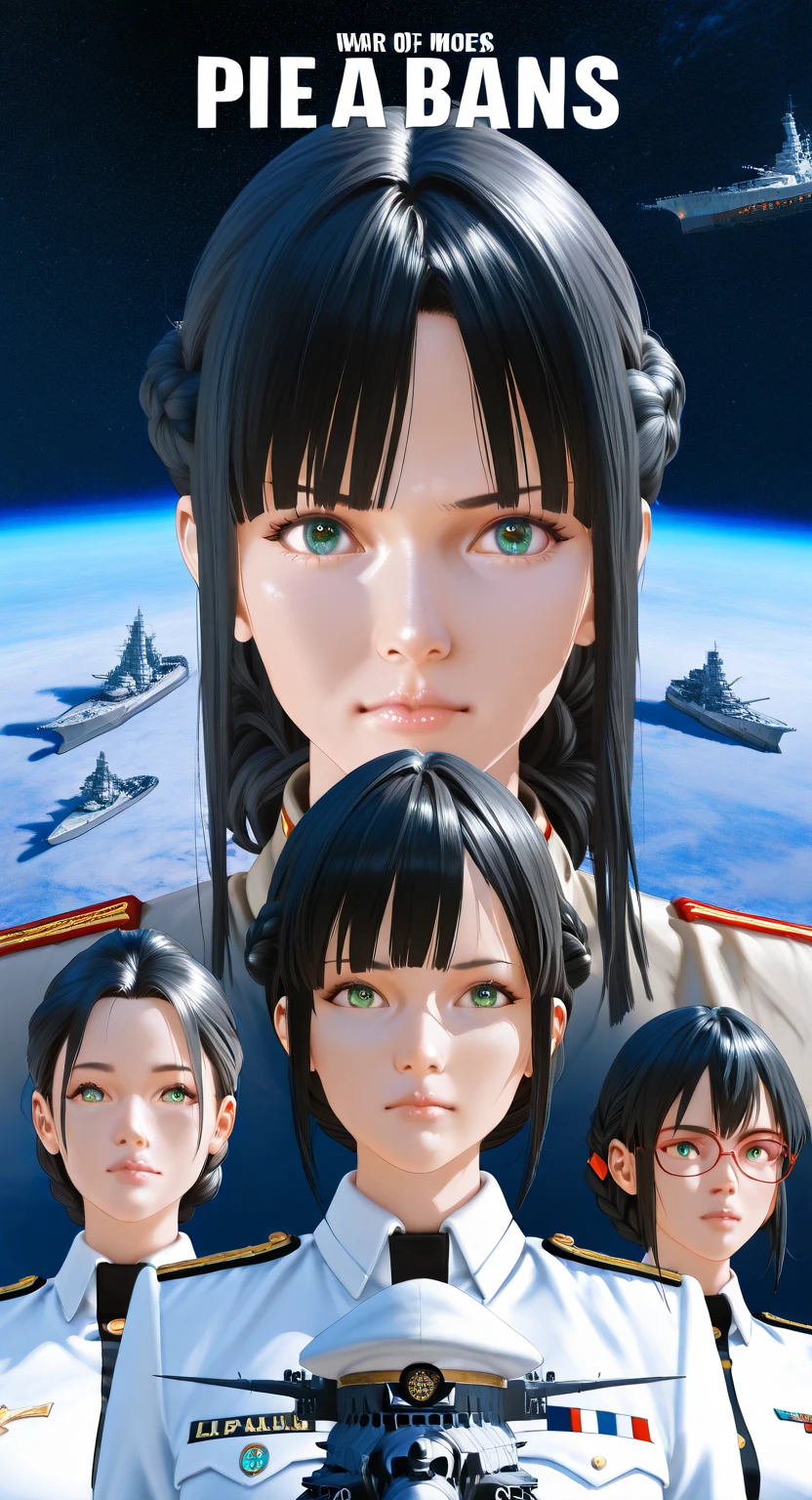 Movies,Most realistic resolution,Beautiful effects,CG Best,Realistic Face Details,Most Real,Sci-Fi Movies,War,Serious Faces,Oil Paint,(War Movie Poster : 1.8 ),Sky Background,Science Fiction,(Wearing General Suit),Woman,Adult Face,Age 25,Small,Skinny,Green Eyes,Black Hair,Pia Hairstyle,Poggy Face,Red Glasses,(Reference to the film Foundations : 1.5 ),Fighter,Military,Air Force,Army Greatness