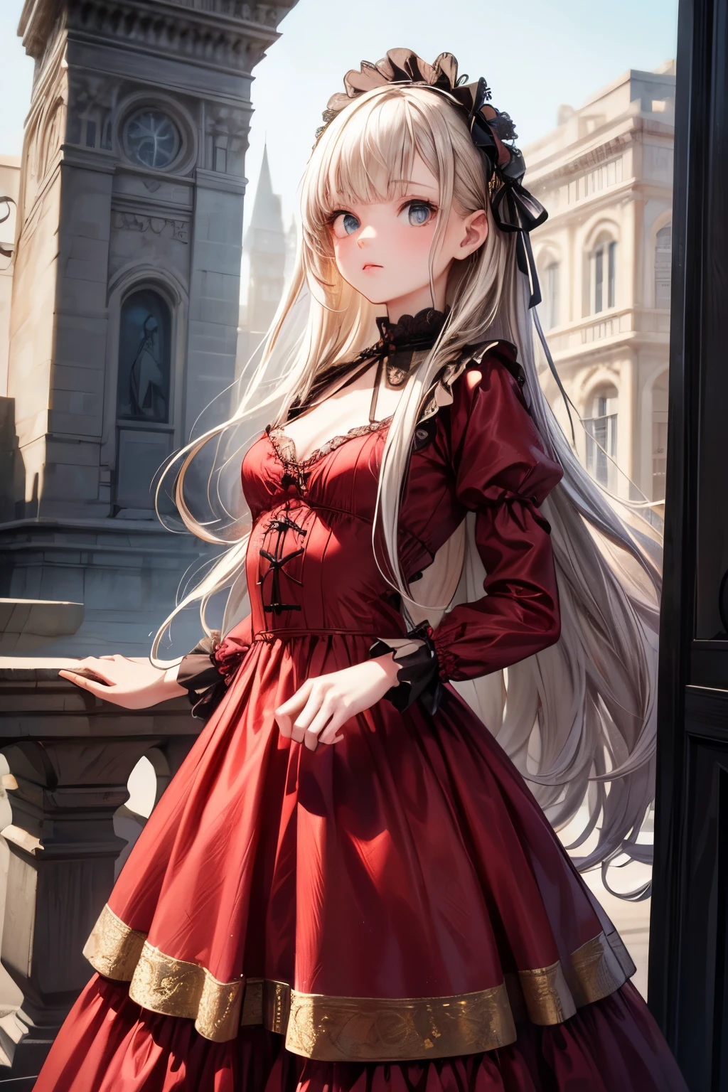 masterpiece,top quality,very detailed,photorealistic,realistic, Ultra High Resolution, Masterpiece,beautiful girl,elegant,,long hair, Gold,small breasts,skinny,perfect eyes,Slender,so cute,red dress,Gothic Dress, Gothic Lolita Dress , correct handshake,Active Poses,Old Western-style building,Outdoors