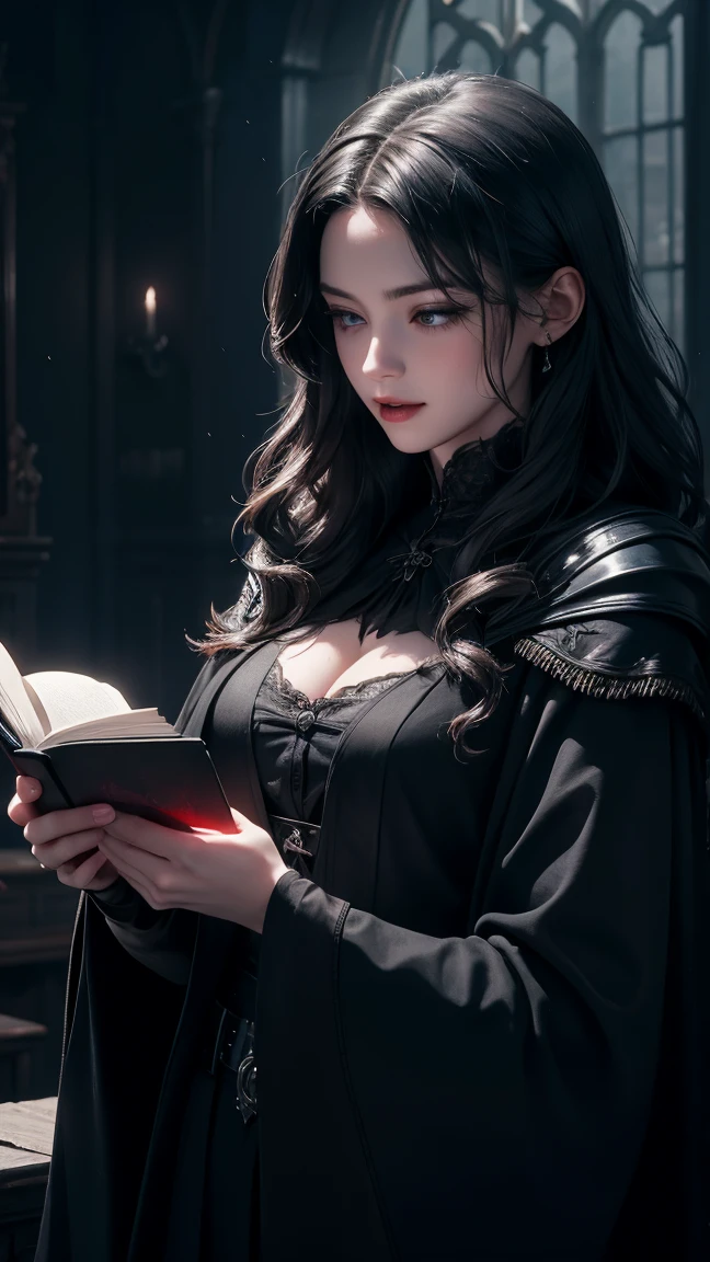 (Super detailed, beautiful, masterpiece, Highest quality), Fantasy, Cowboy Shot, Front Angle, View your viewers, chest, chestの谷間, Black Hair, (witch, magician, Wearing very intricate black robes, Off the shoulder), I have a spellbook, Suspicious Library, (Highly detailed skin, Detailed Texture), Detailed Background, Ultra-high resolution