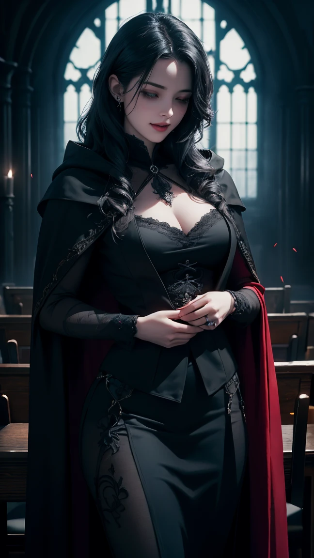 full body picture, 25 year old girl, vampire, black hair, short hair, disheveled hair, pale skin, blue eyes, dark red lips, mischievous smile, vampire fangs, medium breasts, perky breasts, black corset with intricate details, flowing black cape, black pleated skirt, black stockings with one stripe, black and red high heels, black choker, silver cross pendant on necklace, moonlight streaming, light rays, inside of an old church, candlelit, (best quality, 4k, 8k, highres, masterpiece:1.2), ultra-detailed, (realistic, photorealistic, photo-realistic:1.37), HDR, UHD, studio lighting, light source from behind, sharp focus, extreme detail description, professional, vivid colors, dark and mysterious atmosphere, seductive stance, confident stance, legs spread, hypnotic gaze