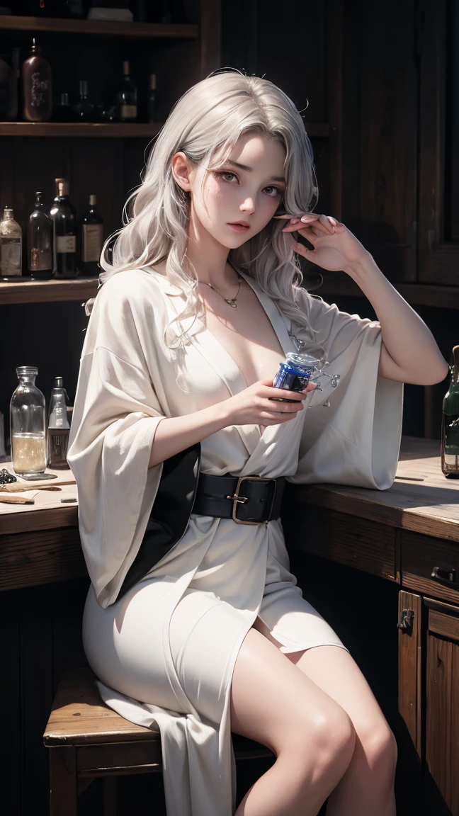 ancient Chinese style mythology，Fantasy novels，Beautiful CG monk，Chinese woman，White-haired witch，faeries，Large breasts ，Great Assa，Ultra HD Wallpapers Best Quality, 4K, 8K, A high resolution, tmasterpiece:1.2), ultra - detailed, 18，Smoking, drinking and beautiful