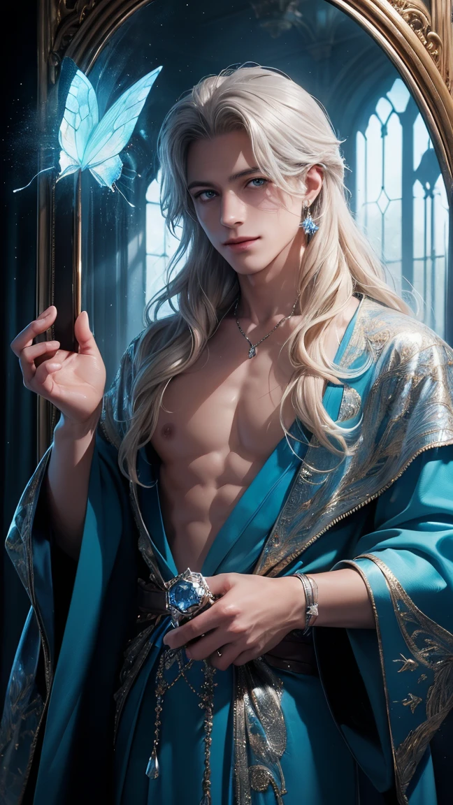 Tall, handsome, statuesque, courageous, adult man-platinum blonde, he is an antique king, light blue royal robes, he has long straight platinum hair, tanned skin, blue eyes, long bangs, he holds the hand of an incredibly beautiful young femme fatale blonde, she is wearing a thin transparent antique robe, emphasizing her perfect figure, big, beautiful, neat breasts, pointed nipples. Her long golden hair is gathered into a beautiful hairstyle decorated with jewels. They are in love with each other. Realistic image.