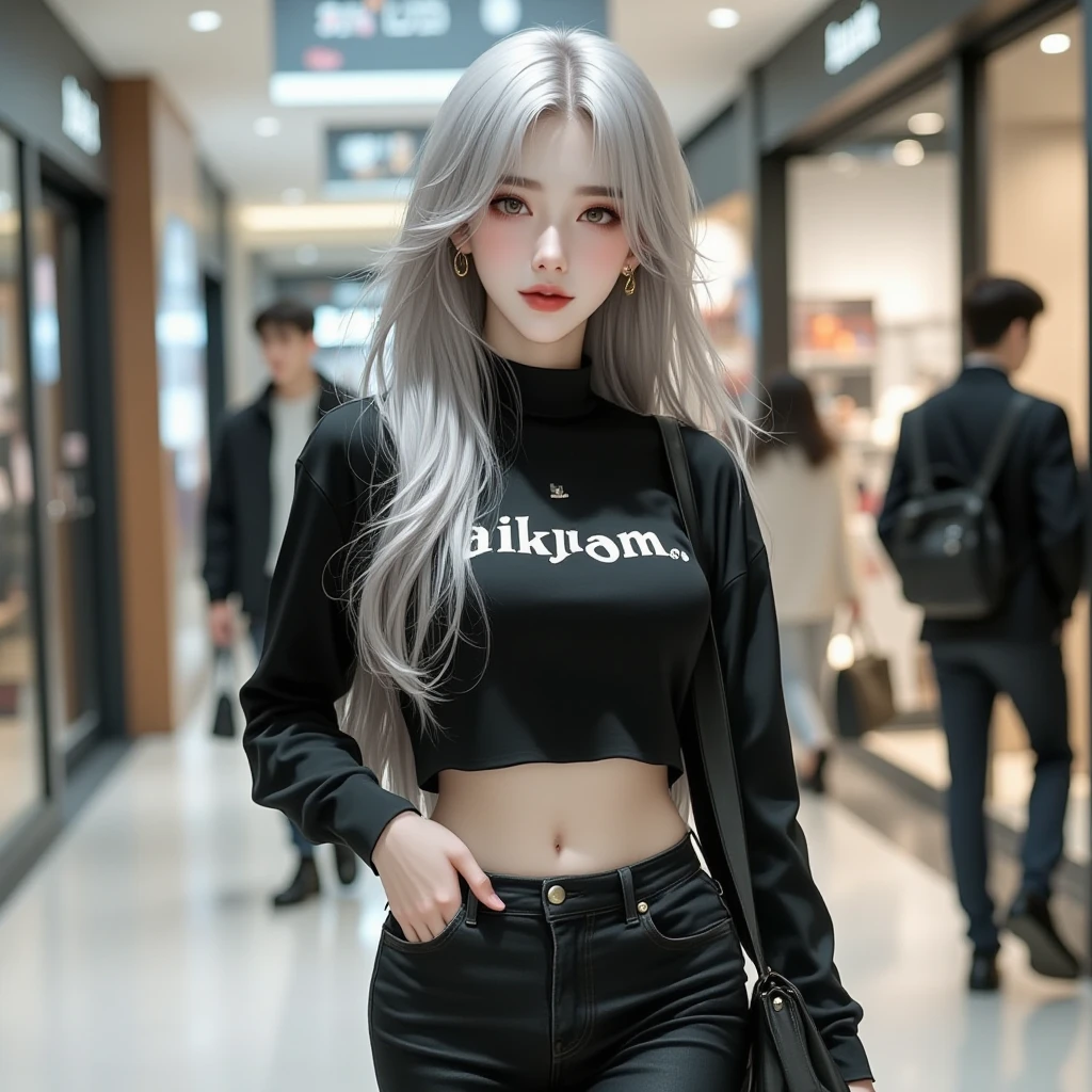 RAW photo, extremely delicate and beautiful, masterpiece, Best Quality, ultra high resolution, 32k, hyperrealistic, ultra-detailed, in her 20s, delicate facial features, tearful mole, earring, big breasts, full body shot, shorter middle hair, black hair, (((3 girls))), short pencil skirt, black shirt, collared dress shirt, sleeveless, best quality, ultra high res, (photorealistic:1.4), pretty girl, tanktop black shirt, black tight skirt, black choker, (faded ash gray hair:1), medium breasts, looking at viewer, closeup, (pretty face) , southeast asia girl, (RAW photo, best quality,high quality,highres), (realistic, photo-realistic), ultra-detailed,(front lighting)