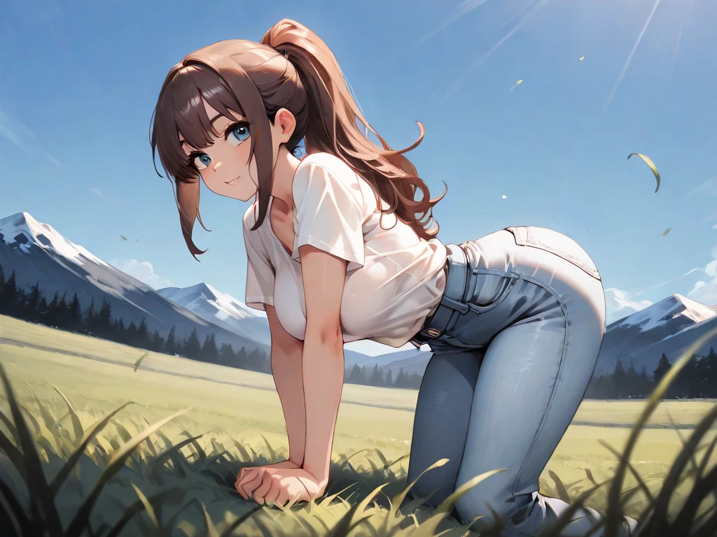 High resolution, high quality, 1 girl, anime girl, brown long hair, brown eyes,heart-shaped pupil, green glasses, tanned skin, big breasts,beautiful breasts, (big ass),beautiful butt,White Wizard,denim shorts,Are standing,Wet,it's snowing,in the meadow,