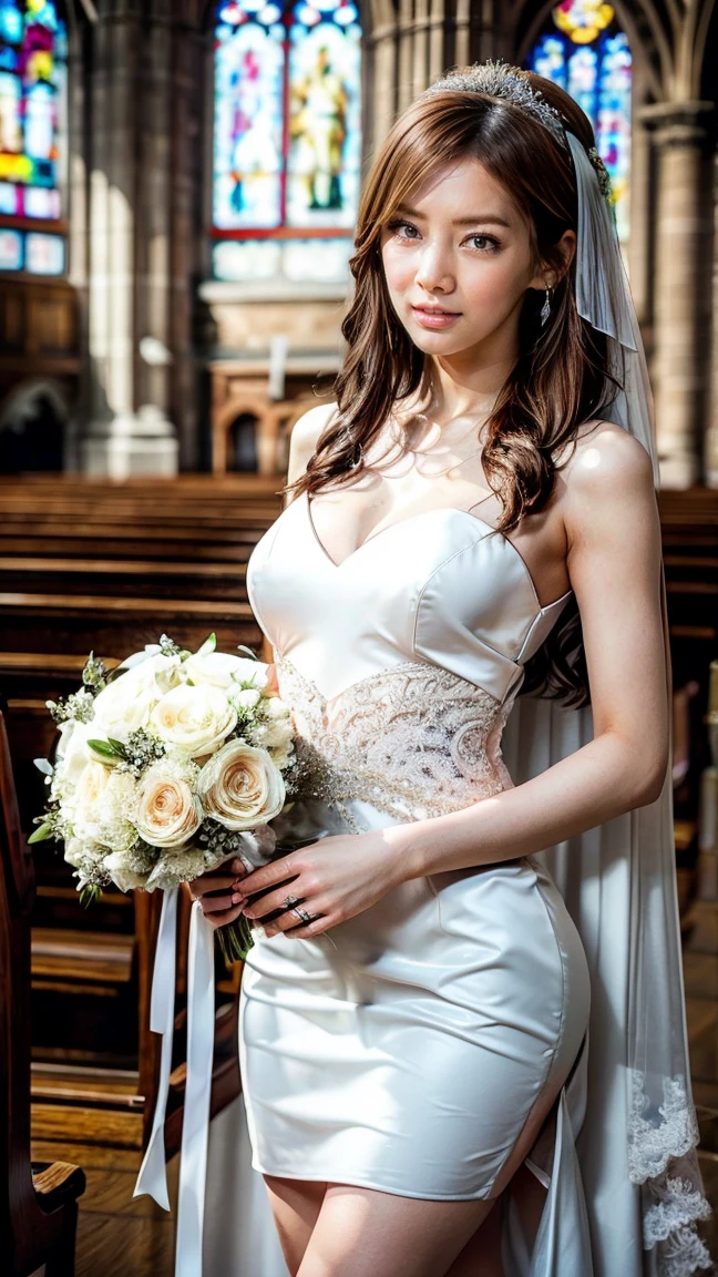 Top-quality Realistic, Official art, Highly detailed CG Unity 8k wallpaper,(masterpiece:1.3), (8k, photorealistic, RAW photo, best quality: 1.4), (1 girl), pretty face, (realistic face), (black hair, medium hair:1.3), beautiful hairstyle, realistic eyes, detailed fine eyes, (realistic skin), beautiful skin, (breasted top), absurd, attractive, super detailed resolution, surreal golden ratio, very detailed, Full body, Japanese Idol,(Floral lace Wedding dress:1.3),BREAK,(Heart shaped necklace),(Triangle ornament earrings),BREAK, (gentle smile like a goddess),(in church surrounded by a majestic baroque atmosphere:1.2),standing position, Hold a large bouquet in front of your chest, Wide View