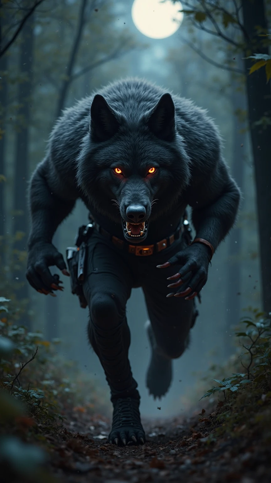 A hyper-realistic image of a muscular black anthropomorphic wolf with glowing red eyes and sharp claws, sprinting at high speed directly toward the camera through a dense forest at night. He wears a tight black tactical pants, a metallic tactical belt, and black military boots. His dense fur ripples with motion, and his expression is fierce and intimidating. Every texture is vivid—fur strands defined, the leather and fabric of his clothes showing tension from movement, the reflective gleam of his metallic belt. The forest around him is shadowy but detailed, with moonlight barely piercing through the trees. Captured with a Canon EOS R5 8K 45mp 24-105mm f/1.4 lens, shallow depth of field focused on the character.OctaneRender 8K,