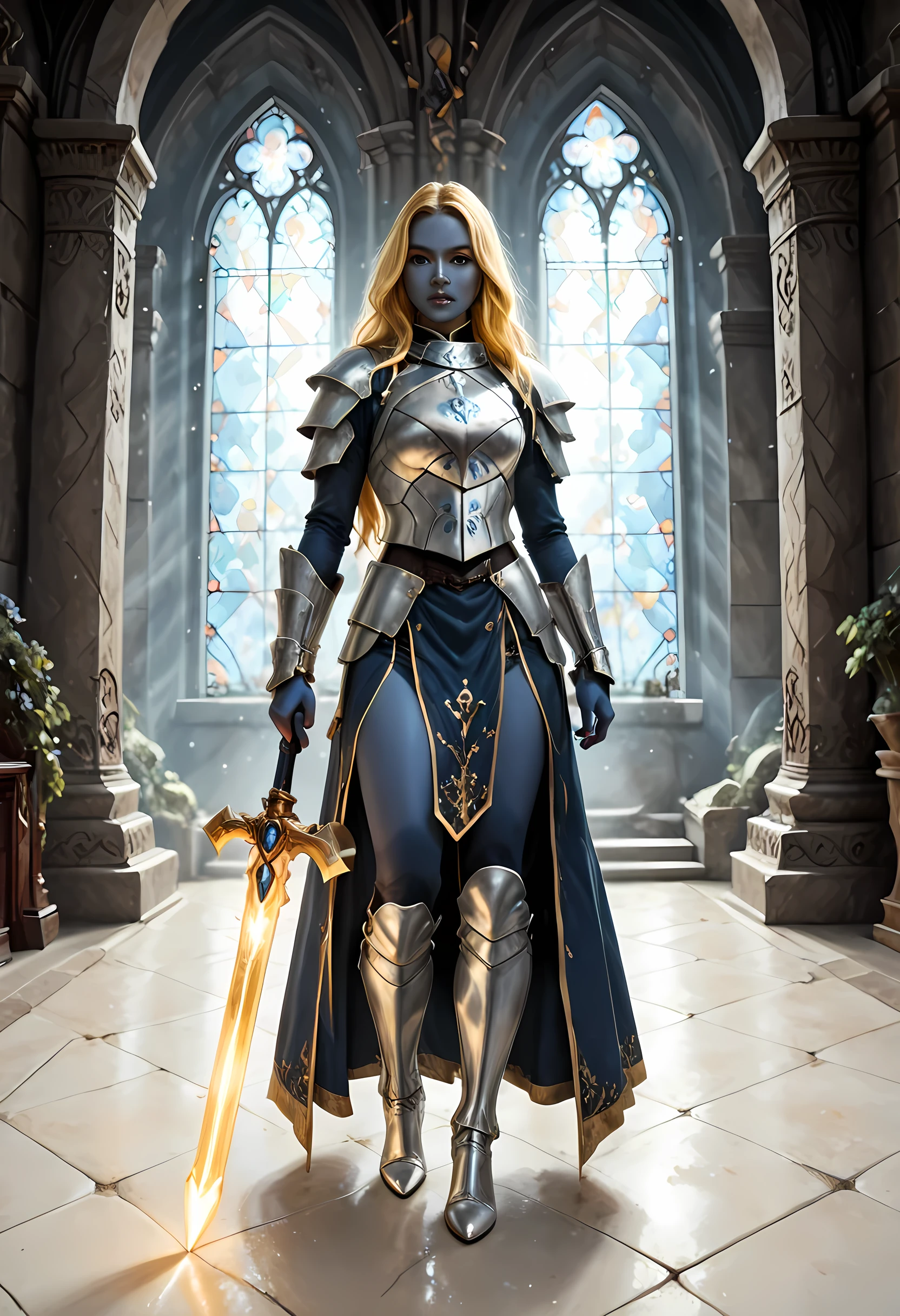 portrait of a female cleric ((dark blue skin: 1.5)), intense details facial details, exquisite beauty, cleric, (dark blue skin: 1.5)) female, ((yellow hair: 1.5)), long hair, (((no ears: 1.5))), (green eyes: 1.3), armed with a fiery sword red fire, wearing (twilight priestly combat vestments: 1.5), wearing white armor, wearing high heeled laced boots, wearing white armor, wearing an (orange cloak:1.3), wearing glowing holy symbol, fantasy art, dnd art, RPG art, wide shot, (masterpiece: 1.4) intense details, highly detailed, photorealistic, best quality, highres, within fantasy temple background, reflection light, high details, best quality, 16k, [ultra detailed], masterpiece, best quality, (extremely detailed), close up, ultra wide shot, photorealistic, RAW, fantasy art, dnd art, fantasy art, realistic art,((best quality)), ((masterpiece)), (detailed), perfect face, strapless, lace up stilettos, fantasy, Cinematic Shot, ArmoredDress