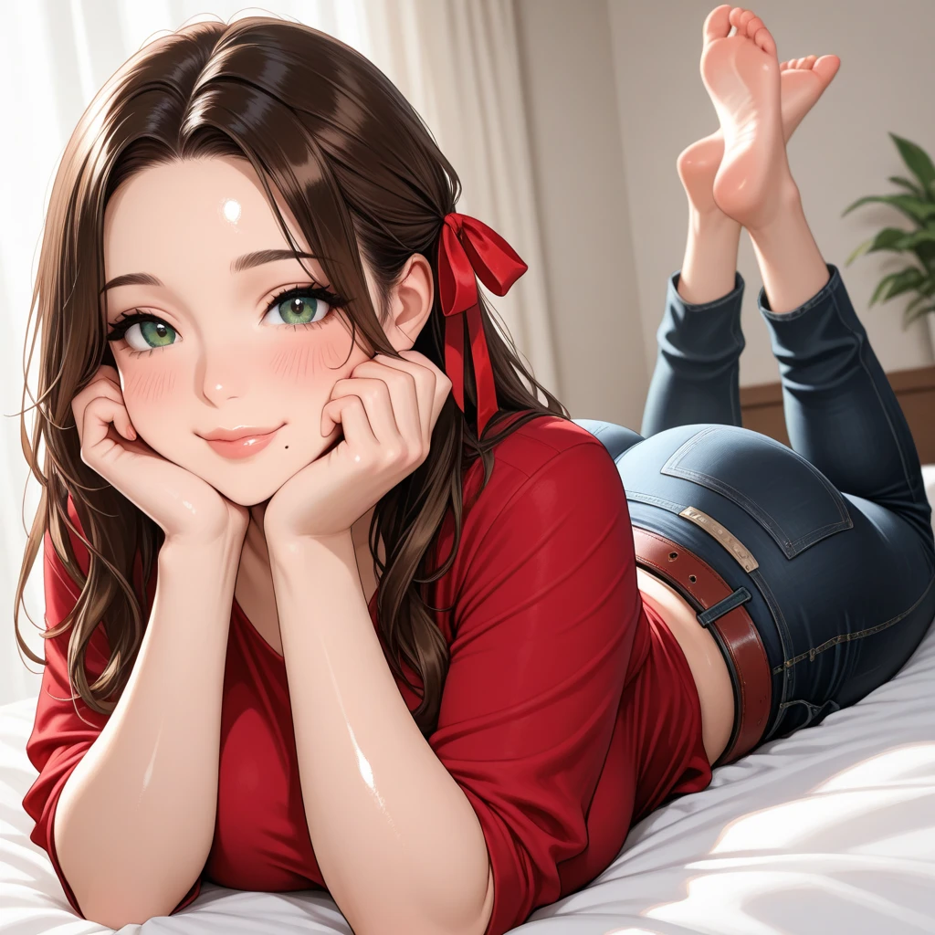 (mesa, of the highest quality, High resolution, , pixel perfect, 4k,), 1 girl, single, alone, beautiful woman、I could see the whole body、 ((Medium Length Wavy Hair, hits, Brown hair)), ((Brown eyes, Beautiful eyelashes, realist eyes)), ((detailed face, blush:1.2)), ((Smooth texture:0.75, realist texture:0.65, realist:1.1, cg anime style)), medium breasts, dynamic angle, perfect body, ((, teacher, , earrings、collar、Sleeveless turtleneck sweater black knee-length stockings、((open both legs wide、open both knees))、tight denim skirt、shy smile、Sitting in the pulpit、emphasize the chest)), superior grade、、、evening、、(You can see the red lace panties.、、(、)、angle from below)、