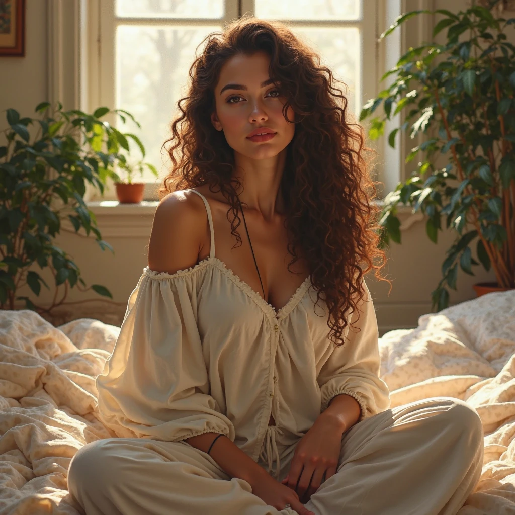 (photorealism:1.2), beautiful woman, sitting on bed, wearing loose off-shoulder top, pajama pants, long curly hair, indoors, soft lighting, plants in background, window with sunlight, cozy room, relaxed pose, realistic, intricate details, warm colors, by Greg Rutkowski, by Alphonse Mucha