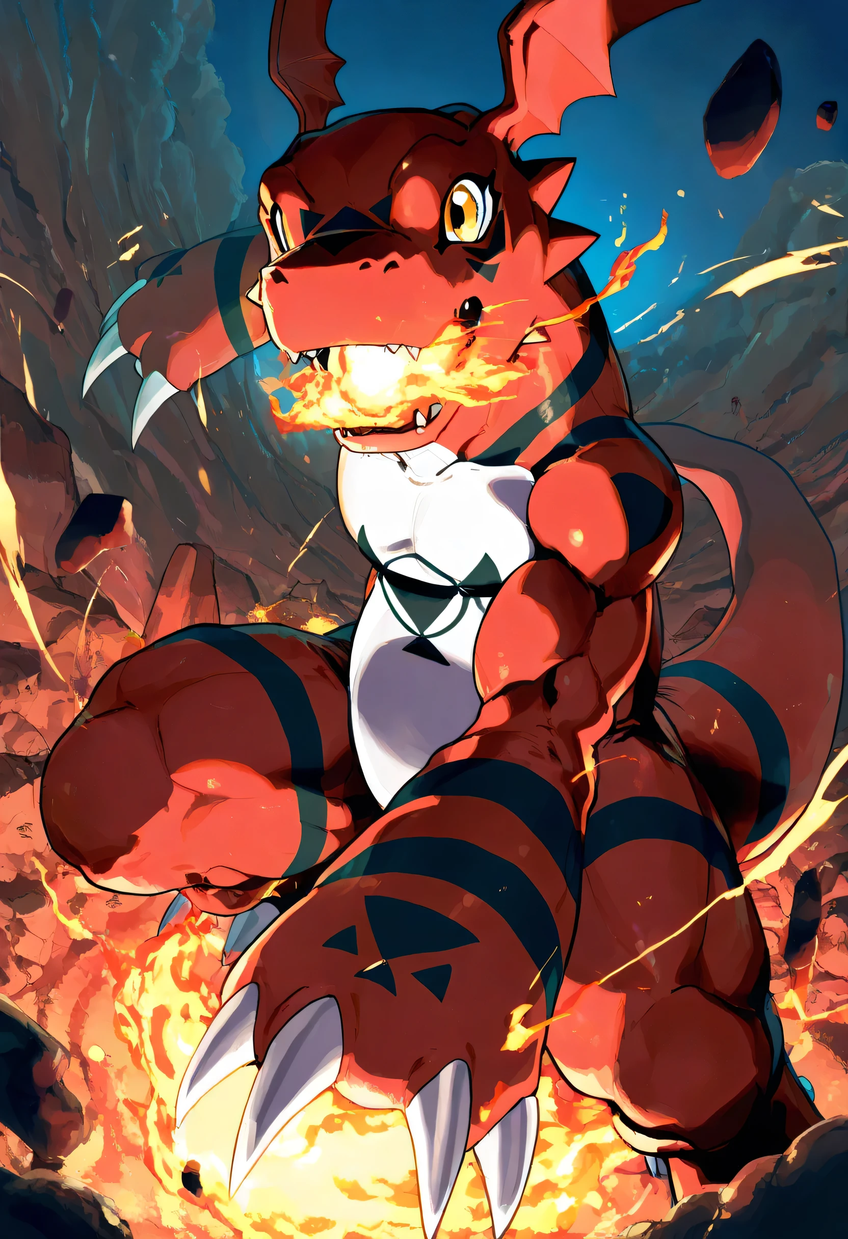 soft shading, 4k, hi res, detailed face, detailed, Best quality, masterpiece, detailed all , detailed eyes, dynamic pose, perfect shading, by Buta99, by K0BIT0WANI, by SpiritD, 1male, Digimon, Guilmon, mouth on fire, serious and challenging look, in a rocky field