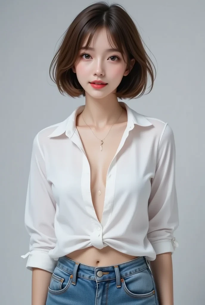 ((Close-up of face:1.6)、((naked and wearing a collared shirt that doesn't fit:1.5))、((No underwear:1.5))、((big clothes for a small body:1.7))、((small breasts like a girl:1.4))、((Short Bob Cut:1.4))、((Apply beautiful makeup:1.5))、(((amount、Small breasts、Round face、White blonde Hair、beautiful girl、blonde、White Background、cute、young、True Face、Shiny Hair、whole body)))、Tabletop, Highest quality, shape, Very detailed, finely, High resolution, 8k wallpaper, Perfect dynamic composition, finelyて美しい目, Deco Out,blonde, Medium Hair, Small breasts, Natural color lip,White Background,