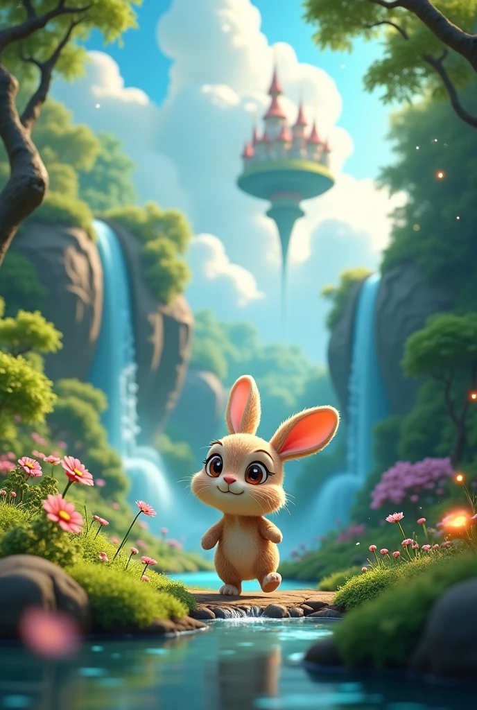 A rabbit walks in the middle of the forest with a riverbed, clouds with ...