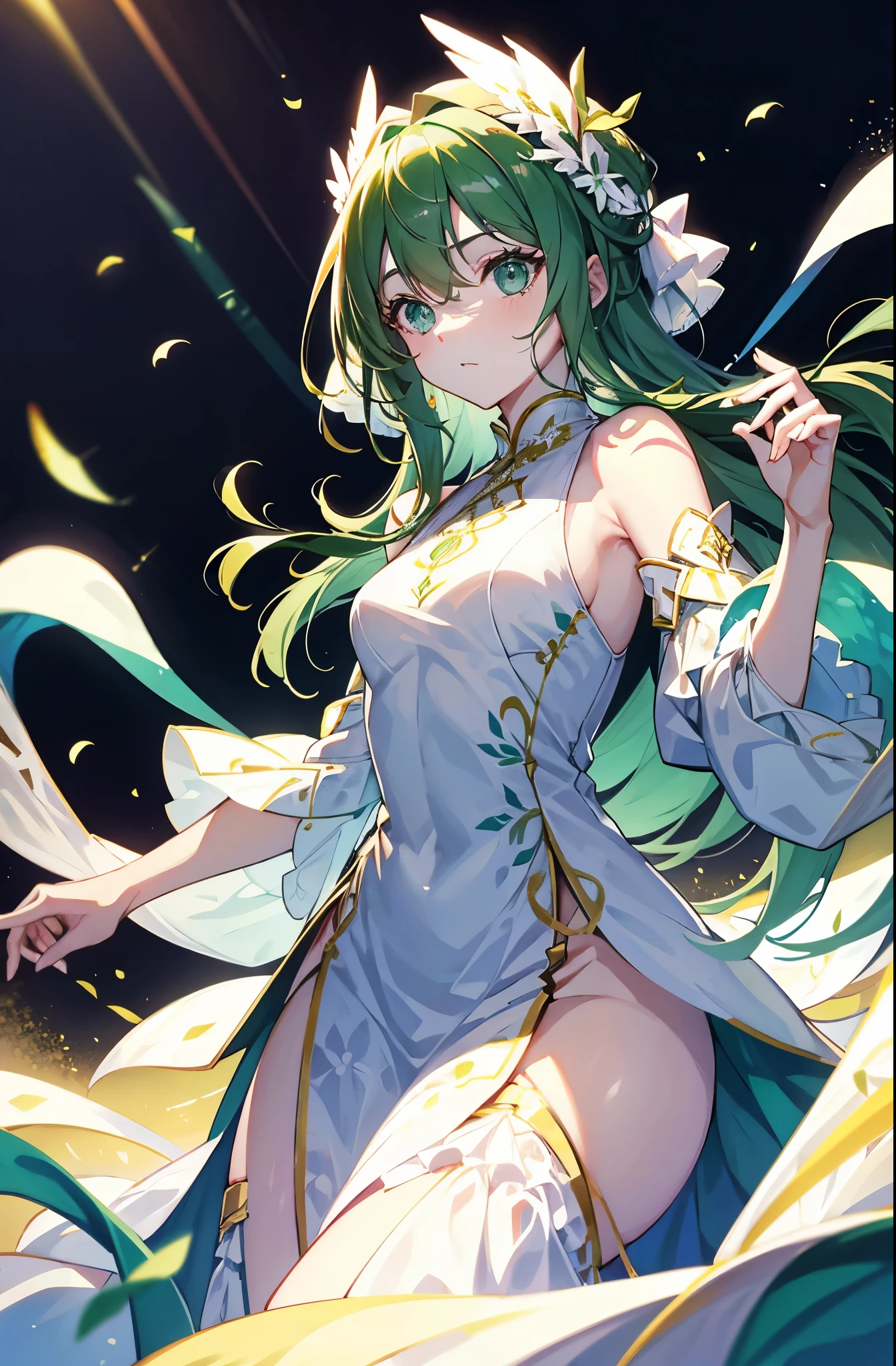 (((masterpiece))),(((bestquality))),((ultra-detailed)),(illustration),((anextremelydelicateandbeautiful)),dynamicangle,floating,(beautifuldetailedeyes),(detailedlight) (1girl), solo , floating_hair,glowingeyes,green hair,greeneyes, twintails, halterdress, atdan, 绿色背景,