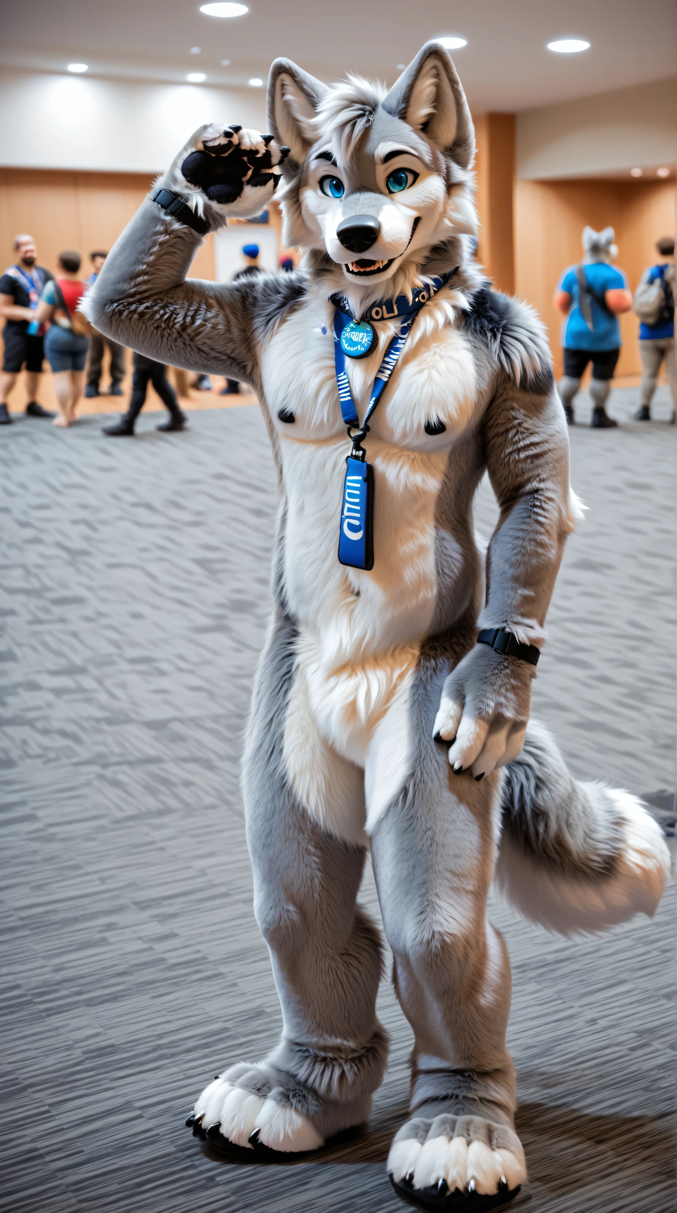 an anthropomorphic yellow-orange colored fur bull, he has blue eyes, he has yellow hair, muscular body, he's standing, with his brown paws up, he has two black spiky bracelets on his arms and a green collar on his neck, closed smile, he has a green summer hat on his head between his horns, high quality furry art, animal crossing style.