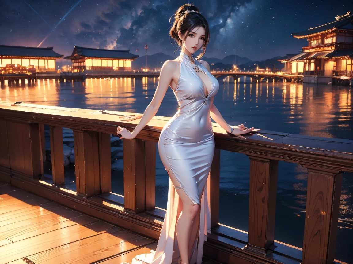 (((nffsw))), (((masutepiece))), (((8K))), (((hight resolution))), (((Photorealistic))), (((Cinematic lighting))), god rays, Zoom Layer, (((FULL BODYSHOT))), F/4.0, canon, Shiny skin,Detailed skin,Detailed face, Detailed eyes, nakeness, Bare chest, No top, The Beauty of Old China, Moonlight in the night sky, Crown of the princess, Cheongsam with big slit, Glittering palace gardens, Gorgeous dances