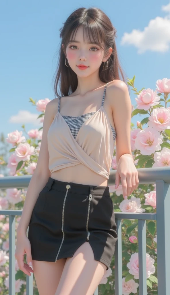 (1girl:1.3), solo,_ Kim Ji-ni Jennie face, wearing yellow armband sweater, cropped style, white bandeau underneath, pale green shorts, sexy, cute, white socks, background campus, full body photo, looking at the audience, world-weary face, cold eyes, Korean style photo photos, photographic lighting, strong contrast, sunlight on the face, world-weary face, high-end sense, 8k resolution image, intricate symmetry details. Smooth action, full picture.