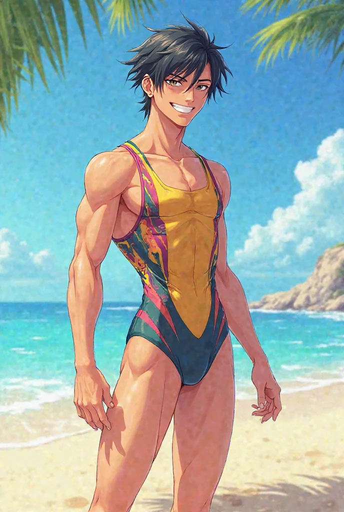 highest quality、Realistic、girl、zoom、Turquoise eyes、short hair、Swimwear、Tanned black body、A well-trained body、muscle、Abdominal muscles、athlete、Brown black skin、slender、Dark Skin、Flat Chest、smile、Summer Sea、Bust Shot、