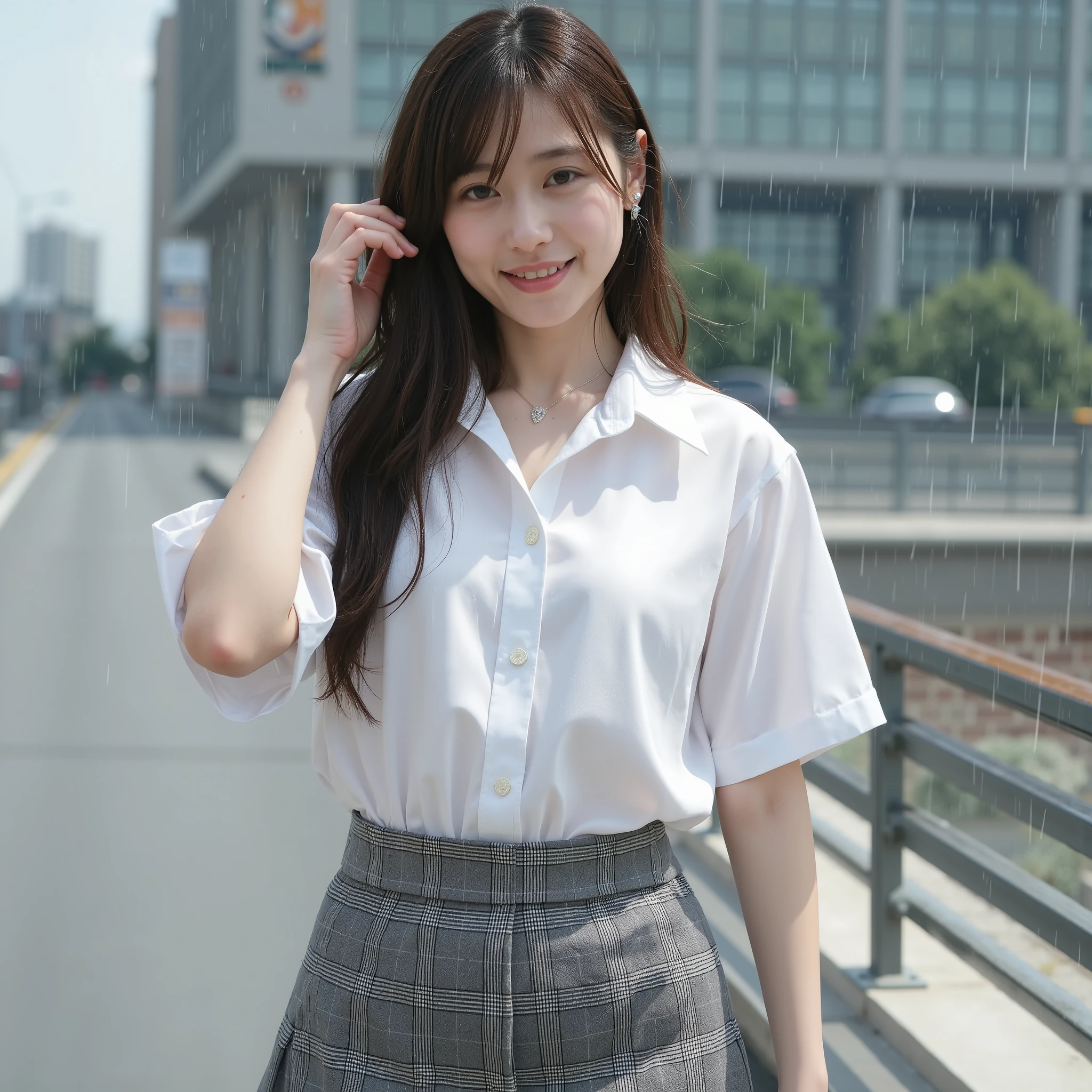 ((top quality, pinching a table top, super high resolution 、 Most Intricate and Detailed Depictions )),1 、(( Uniform soaked in water))、(( Orbital Space 、completed anatomy、look at the camera、The Greatest Smile、looks like a lot of fun 、 walks through the city、full body photo 、 camisole:1.10、 Nature in Complex Situations 、 walks through the city))、(((信じられないほどwet)))、(((beautiful sunshine、A faint rainbow in the sky )))、((perfect body、perfect hand in h、 Transform with Perfect Legs))、(( the most realistic rain and water drops ))、((Heavy Rain))、((wet))、The background is the schoolyard..、(( Short sleeve shirt with wet tight white uniform ))、(((Real Rain)))、 the perfect texture of a wet tight shirt 、(((Very heavy realistic rain)))、Perfect texture for wet hair、((wet hair))、wet髪が顔に張り付く、((Very wet hair))、(( it's a perfect texture for wet hair ))、((wetの))、 Skin visible from inside clothes 、Wet and transparent skin、((perfect texture down to every detail of my wet clothes))、 Countless drops of water adhering to the body 、((Underwear that can be seen through clothes))、((Perfect wet hair texture))、I'll brush up the kappa's hair、(( I'm wearing a gray plaid wet skirt、Heavy Rain, wet skirt with a checkered pattern 、