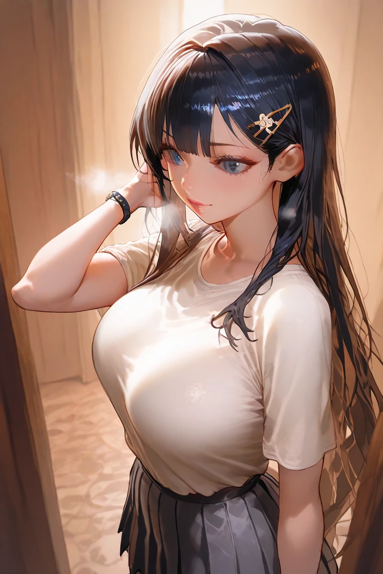 Unreal Engine 5 Realistic Rendering, Wearing a wet uniform T-shirt and skirt, Korean Model, bangs, Beautiful Face, The upper body is super realistic with thick muscles and super maximum_chest!! chestのタイプ_melon, Huge butt underneath, Wet and shiny body