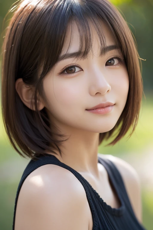 (Photoreal:1.4), (surreal:1.4), (smooth lighting:1.05), 1 girl, closed mouth, smile a little,  pure beauty, 22 years ago, soft lighting, Backlight, (Finest realistic textured skin), narrow eyes, super detailed face, glowing skin, retina, anatomically correct, acura, Super detailed, rough skin, high quality, advanced details, 最high quality, High resolution,Morning forest with clear water flowing through it, short hair swaying in the wind, bangs, blouse