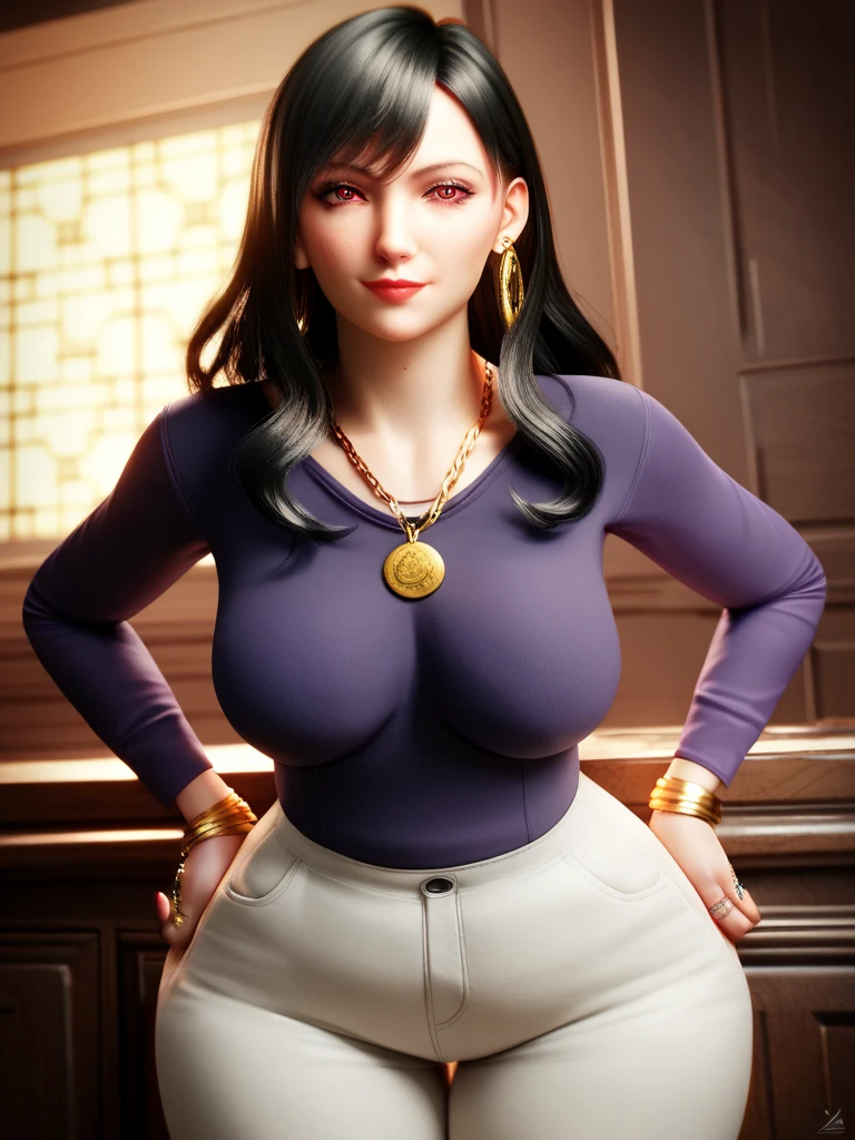 Tifa lockhart, implanted Big breast, ((long sleeve thin yellow dress that show body curve with a cleavage)),Game,1girl,Jewel ring,Gold chained round shape necklace,Hoopa earring,Bracelet,Big cleavage,topknot hair bun,((Beehive Bun style)) ,black hair,Curvy figure,Unnatural big breast,Cleavage,black color long nail,Swaying hip,Head to waist view,Sculpted calves figure,Thick tights,Wide hips,very big cleavage,Enchanced big breast,((Diamond wedding ring)),Aristoticat ring, Detailed eyes,Busty,don corneo mansion,Madam tifa,View from front,dangerous cleavage,semi sweetheart cleavage,Solo,looking at you,Dignified expression,Show off cleavage,detailed hands,Detailed eyes,Gaze on viewer,Curvy figure,hand in hip pose,Dangerous cleavage,High quality