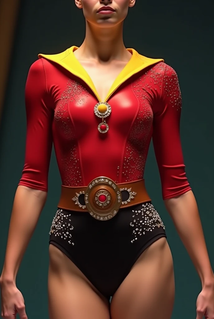 ((masterpiece, best quality)), Dark-haired Caucasian female wrestler, in red black and gold velour ornate bra, red black and gold velour high cut trunks, red and black velour arm sleeves, black half-gloves with gold studs, red and black velour leggings with gold studs, photo realistic, intricate details