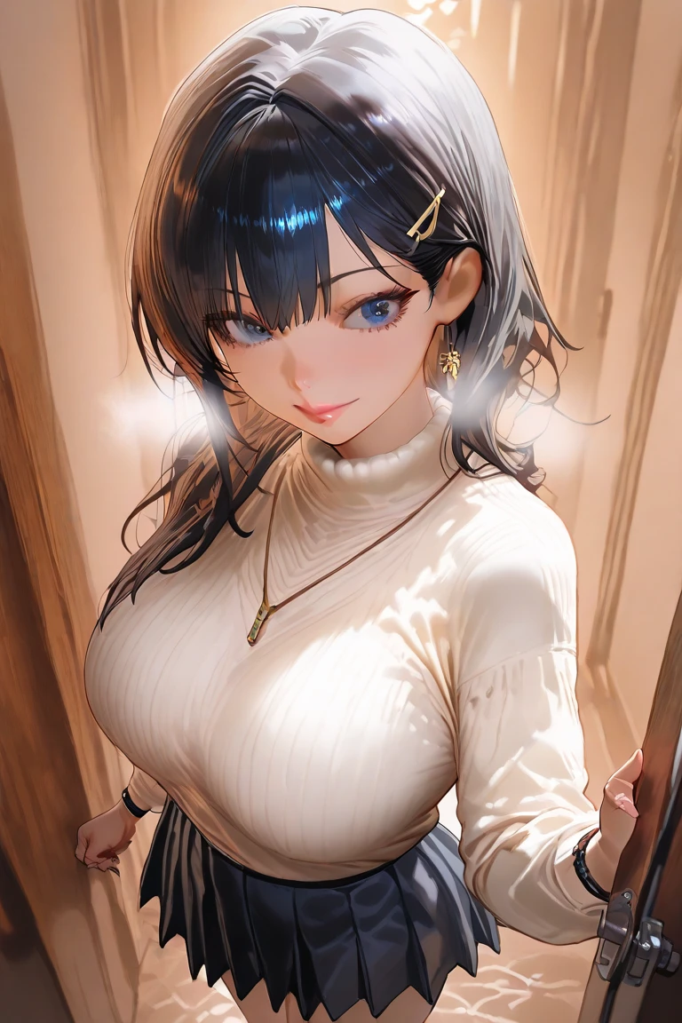 1 Female、Mature Woman、Portrait、tall、30 years old、Bold、solo、Long Hair、chest、Viewer's Eyes、smile、shirt、Black Hair、Hair intake、Ahead、Long Blazer、、おbelly button、Holding、Medium breast、Are standing、Black blazer (module)、Cowboy Shots、belly button、pants、Raise your hand、Crop Top、Blue background、黒のpants、Tie your own hair with your hands、Handbags、upscale、curvy_hips、large_hips、