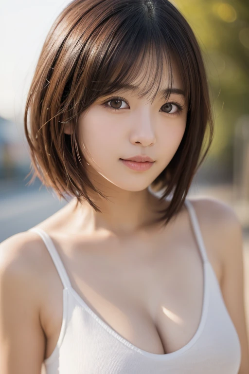 (8K), (Highest quality:1.4), (Hmph:1.2), (Realistic:1.3), (RAW Photos), (The best beautiful girl), （whole body）(Ultra-high resolution), (Detailed face), Flawless, Beautiful and cute face, (Slim body), Beautiful Hair, short hair、bangs, (Symmetrical eyes:1.3), (fine grain), (Detailed skin)、18-year-old、Flat chest、Small breasts、Flat boobs