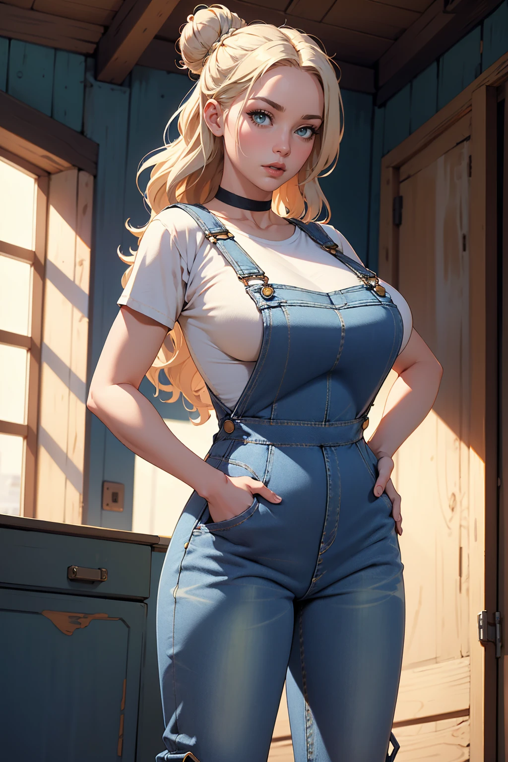 (Luminernd), masterpiece, narrow waist,huge breast, blush, official art, indoor, detail eyes, cg, single bare shoulder shirt short, standing, cleavage
