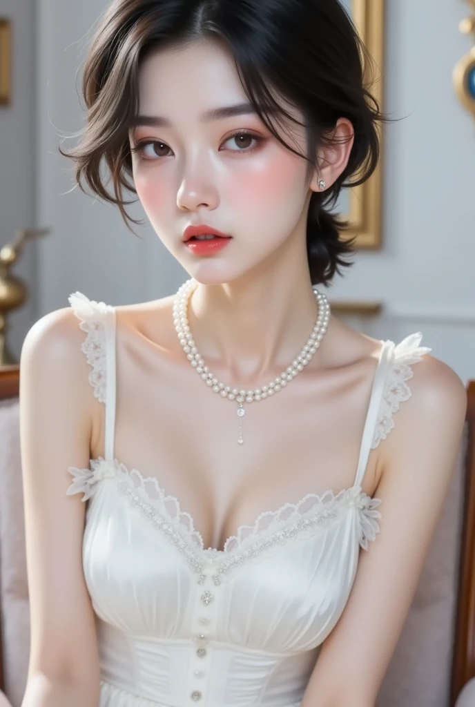 best qualtiy, 超高分辨率, (realisticlying:1.4), A girl, A pair of clear and moving peach blossom eyes,Royal Sister,A ball head,(White rose sea background:1.4),(choker necklace:1.2)(Fair skin:1.2),(full bodyesbian:1.2)a sense of atmosphere,a beauty girl, ssmile,head straight-looking at viewer, closeup ,(Photorealistic:1.4),1girll,Sexy,(Bl lace bra:1.4),(Big breastsr body:1.4),(Wet body),(:1.2)