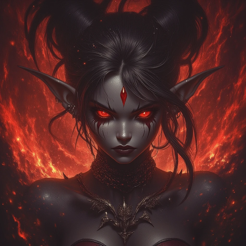 detailed demon-like woman, vibrant black and red eyes, intricate horns, sharp teeth, ebony hair, pale skin, dark fantasy, cinematic lighting, dramatic chiaroscuro, rich colors, highly detailed, photorealistic, 8k, masterpiece