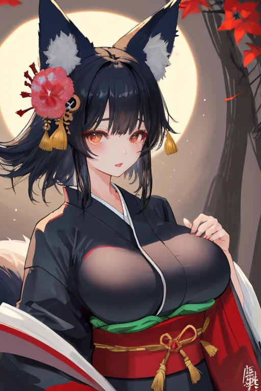Girl light brown skin, corpulent, blue and green eyes, full lips, black and red yukata kimono off the shoulder, long bluish black hair, black wolf nine tails and wolf ears.