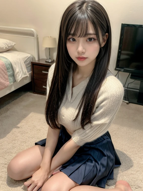 Photo Real、photoRealstic hairstyle on、A dark-haired、Pure black hair、Straight hair、with a edgHimeCut hairstyle、Himecut Hairstyles、Himecut、Pattsun bangs、chinese hairstyles、Heavy bangs、Retro hairstyles Narrow-eyed、Very narrowed eyes、Red eyeshadow、Dark eyeshadow、heavy eye makeup、Makeup that stands out、drooing eyes、Squint and smile、A smile that almost closes your eyelids、Plump cheeks、with round face、cute little、Puffy cheeks Revealing clothing、Flashy clothes、Pretty clothes、Beautiful skin、skinny body、Very soft thighs、a short skirt、Black skirt、White panties hi-school girl、sixteen years old、full body Esbian、Boldly crouching pose、Unique poses