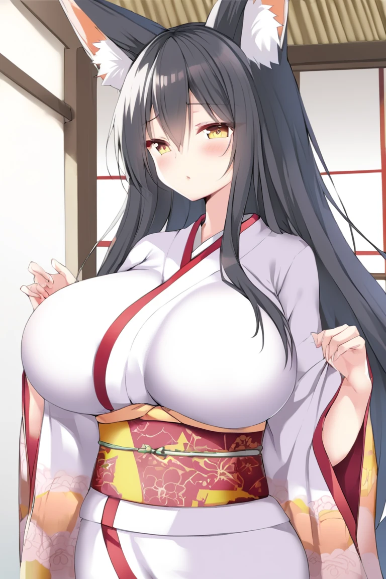 Girl in Priestess Uniform, Outfit with open chest, Shoulder-exposing sleeves, Short hakama, smile, looking at viewer, Gigantic Breasts, open clothes, breasts out, Inside Japan house, Close-up from the waist up,