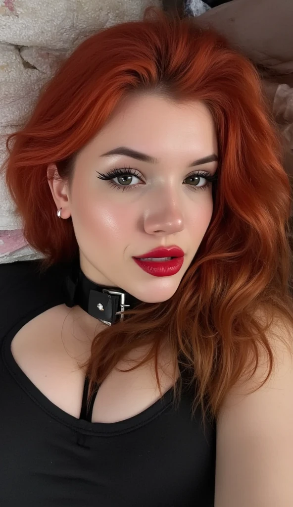 RAW photo, close up photograph of a sks woman, slim fit body, eyeliner, (small boops:1.1), red hair, black choker, (detailed facial features), cyberpunk, day time, spectacular lightning, (high detailed skin:1.2), cleavage, ((detailed face, detailed skin)), badass, looking at the camera, perfect boobs, dystopia background