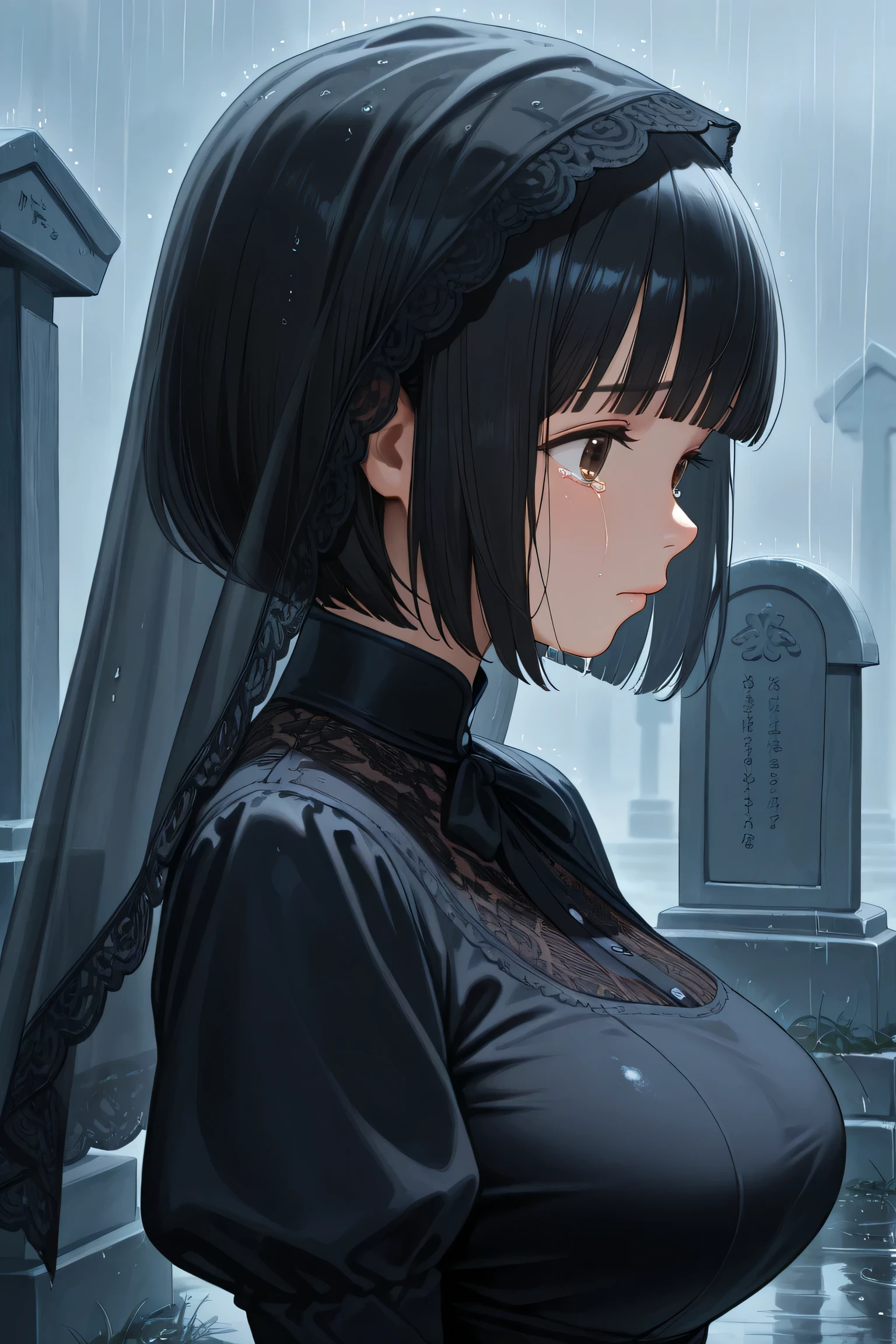 1girl, standing, from side, profile, upper body,
BREAK girl, 22yo, short hair, bob cut, ear, (blunt bangs), black hair, (tareme:1.2), detailed cute brown eyes, curled eyelashes, (large breasts:0.8),
beautiful eyes, detailed eyes, beautiful face,
funeral dress, black dress, funeral veil, black lace veil,
sad, crying, tears,
outdoors, grave, rain,
masterpiece, best quality, amazing quality, very aesthetic, absurdres, newest, (realistic:1.2), super detailed, extremely detailed, sharp focus, nsfw, explicit
