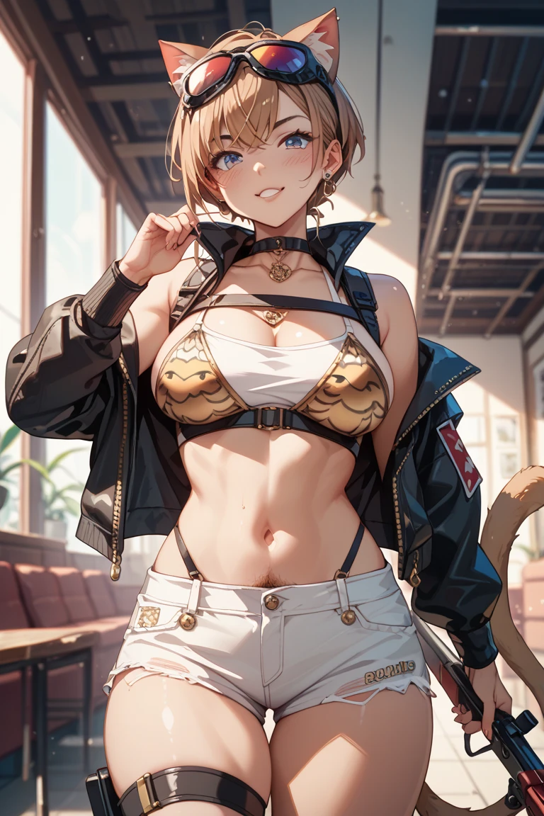 (masterpiece), best quality, expressive eyes, perfect face, 1girl, solo, tomboy, mature female, big breasts, short hair, cleavage, orange hair BREAK hair buns, double buns, blue eyes BREAK tiger print bikini, hands on hips, mountains, wasteland, rocks, day time, blue sky, smile, closed mouth, standing, landscape, looking at viewer