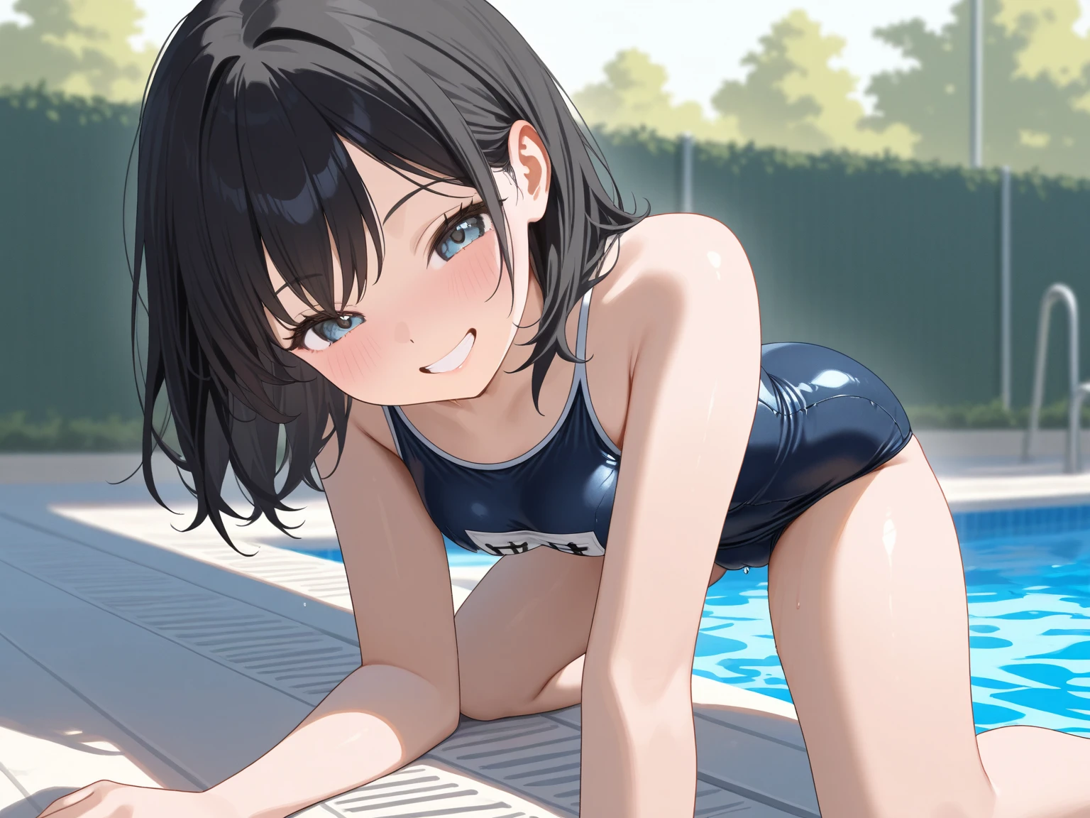 Highest quality, masterpiece, Hajime Fujiwara,8k wallpaper, Swimsuit,Pool,M-shaped legs