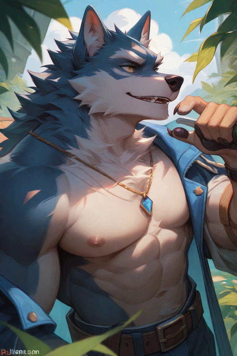 ((solo)), male, anthro wolf, (mulitcolored fur, vivid colors, blue, blue, white torso), main fur color blue, secondary color white, white stomach and crotch, ((canine face, with blue hair, dark blue pupils, muscular:1.2) (tough, smug expression:1.2)), blushing, ((athletic:1.1)), buff, abs, wide shouldered)), (correct anatomy),(realistic fur, detailed fur texture, tattoo markings:1.3)), shirtless, wearing shorts, wearing blue spiked collar, big dick, big penis, gay porn, porn, gold nose ring, black earrings, photorealistic, hyperrealistic, ultradetailed, by kenket