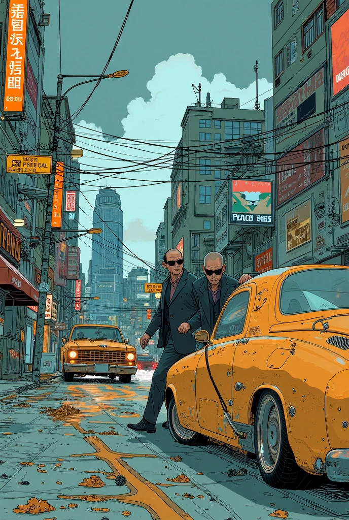 masterpiece, best quality, highest resolution, {GTA}, gangsters, cars, messy city landscape, day,  