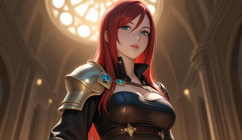Masterpiace, Erza Scarlet, Anime Fairy Tail, red lips, light armor, close'up, cinematic lighting