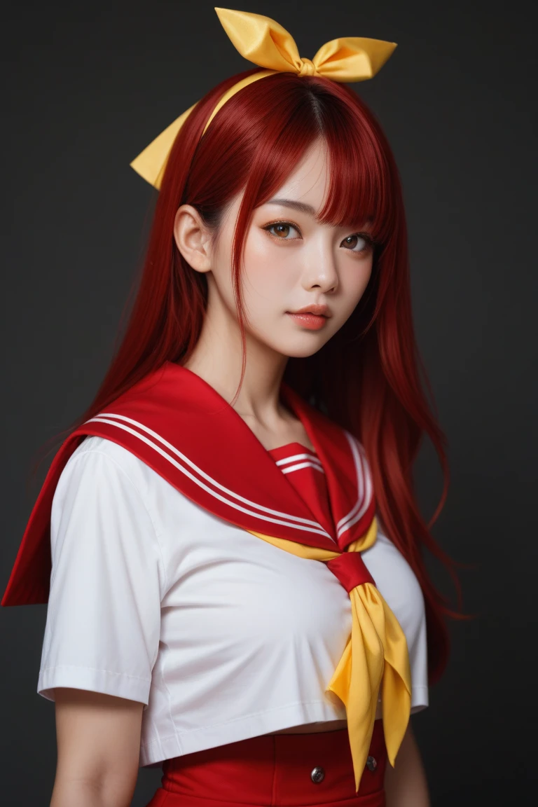 (8k, RAW photo, photorealistic: 1.25), (lip gloss, eyelashes, bright face, glowing skin, red hair, best quality, ultra high resolution, depth of field, chromatic aberration, caustic, wide lighting, natural shading, Kpop idol) looking at the viewer with a serene and divine bliss, college room, sailor's uniform, miniskirt