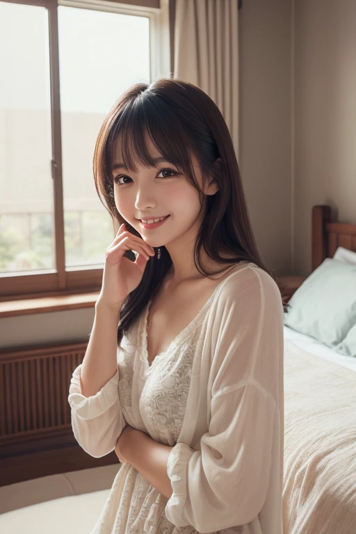 a beauty girl、cute face、(((tiny chest)))、Take your eyes off the camera、Brown hair、Opens mouth and laughs、Angle from directly above、Leaning forward